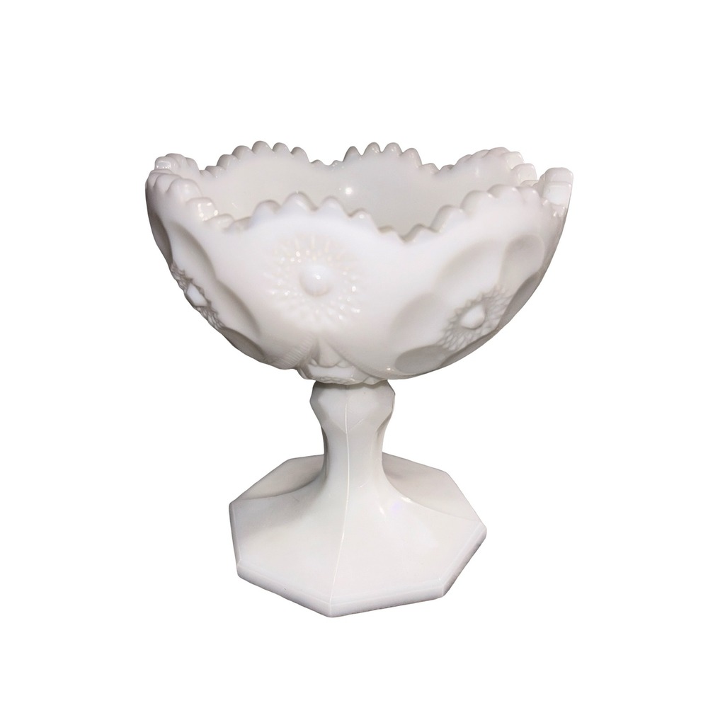 Vintage White Milk Glass Moon and Star Pattern Pedestal Compote Candy Dish Bowl - Picture 1 of 4